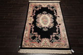 5x8 Black, Ivory, Blush Color Hand Knotted French Aubusson Savonnerie Wool Traditional Oriental Rug